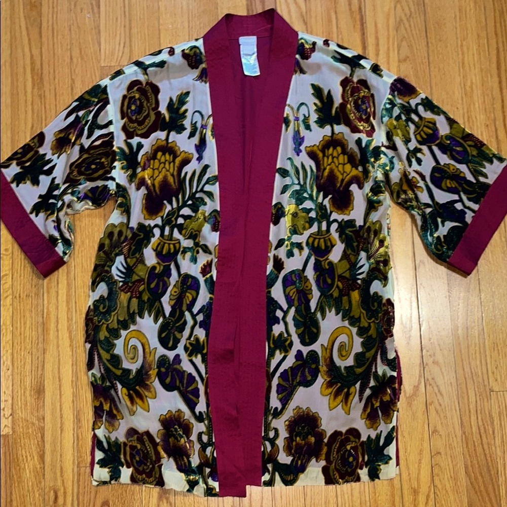 Chico’s Floral Kimono with Burgundy Trim